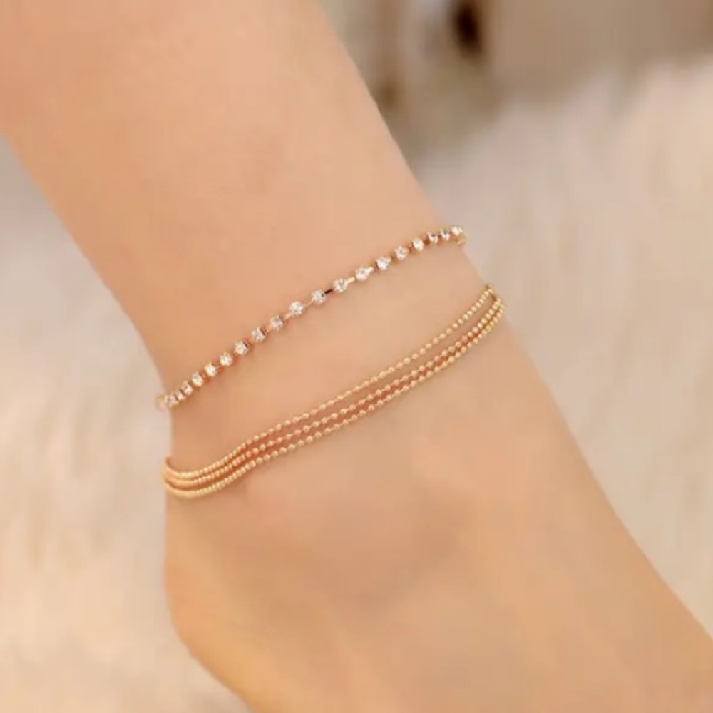 Yellow Gold Plated Sterling Silver Multi-Strand Cubic Zirconia Anklet Bracelet
